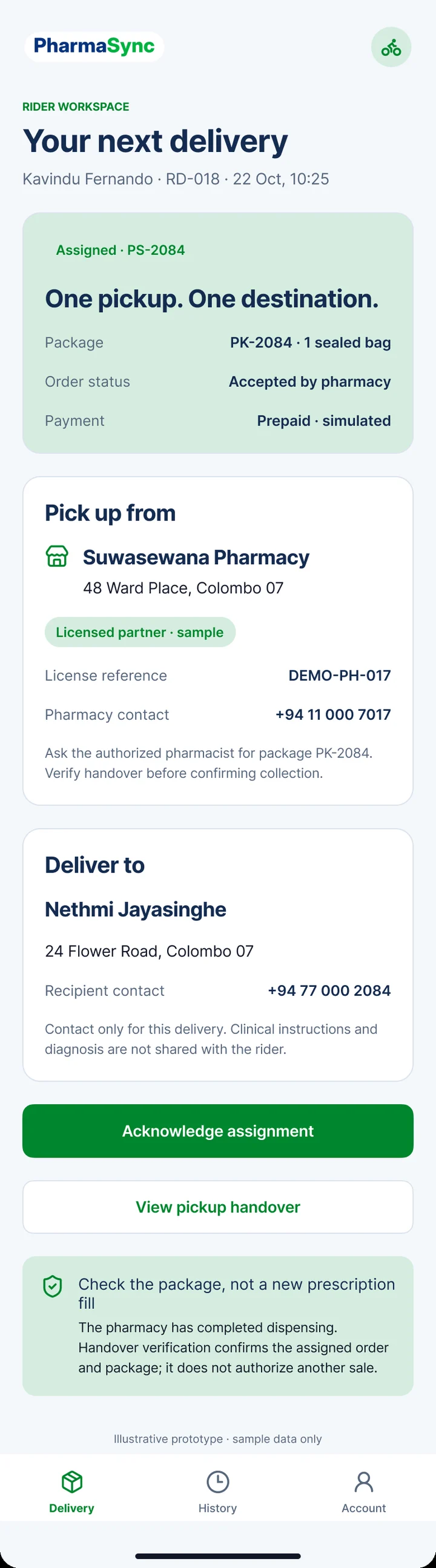 Rider workspace showing the next delivery
